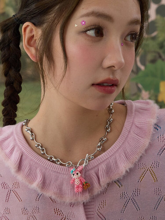 Handmade Pink Beaded Bunny Necklace【s0000016188】