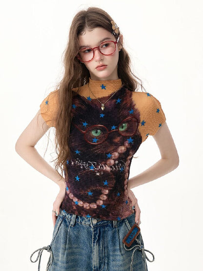 Star Cat Print Pleated T Shirt【s0000017314】