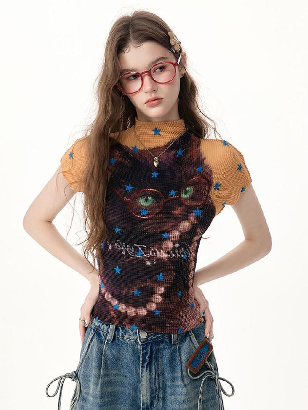 Star Cat Print Pleated T Shirt【s0000017314】