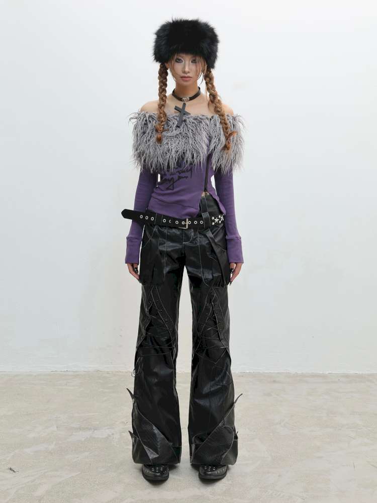 Hairy One-Shoulder Slim Print Knit T-Shirt【s0000014828】