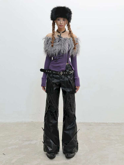 Hairy One-Shoulder Slim Print Knit T-Shirt【s0000014828】