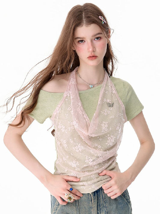 Fake Two-Piece Patchwork Lace Short T【s0000017682】