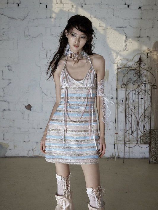Baroque Sequin Satin Halter Dress【s0000017239】