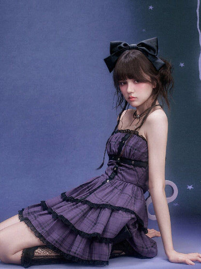 Purple Plaid Bandeau Cake Dress【s0000015757】