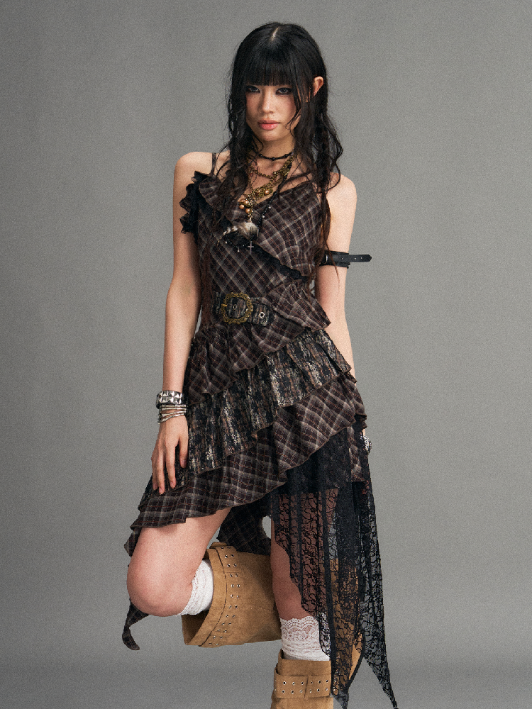 Vintage Patchwork Lace Plaid Dress【s0000017532】