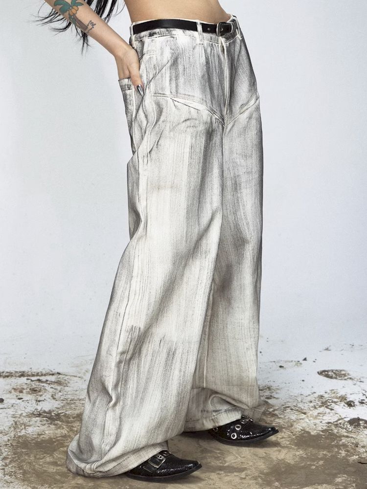 Stained Brushed Colored Wide Leg Jeans [S0000008489]