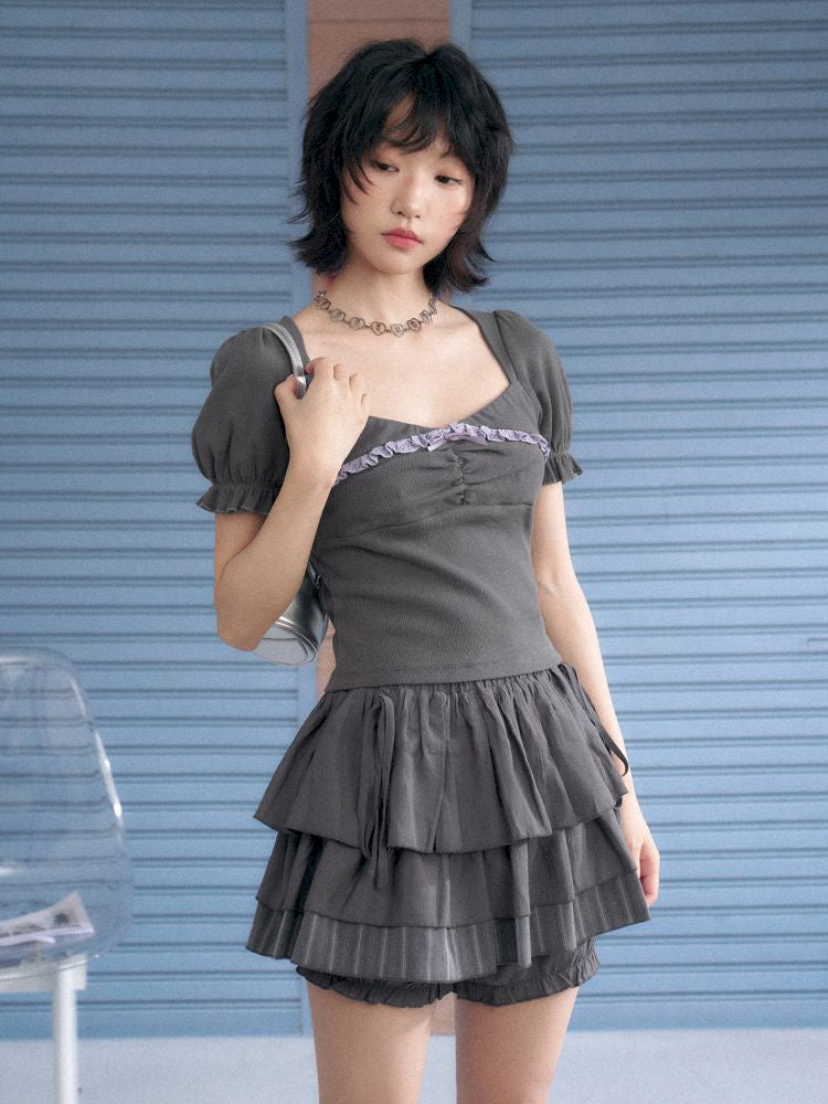 Square Neck Lace Bubble Sleeve Top【s0000013370】