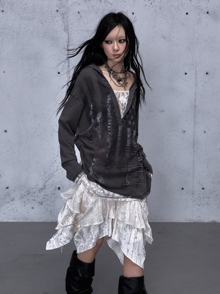 Lace Stitched Hooded T-Shirt【s0000015545】