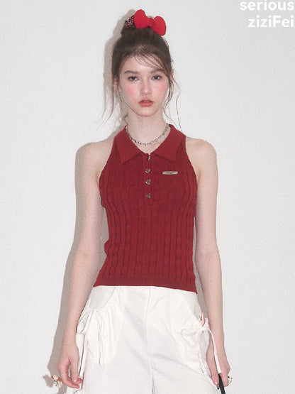 Sleeveless Polo Knit Tank Top【s0000017681】
