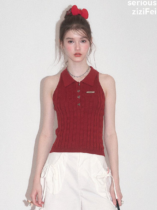 Sleeveless Polo Knit Tank Top【s0000017681】