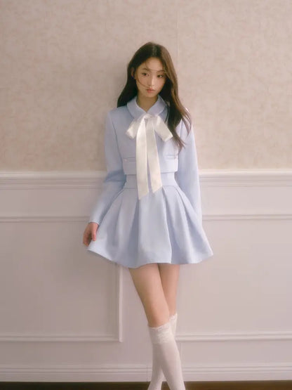 Tie-Front Short Jacket with High-Waisted Structured Pleated Puffy Skirt【s0000014341】