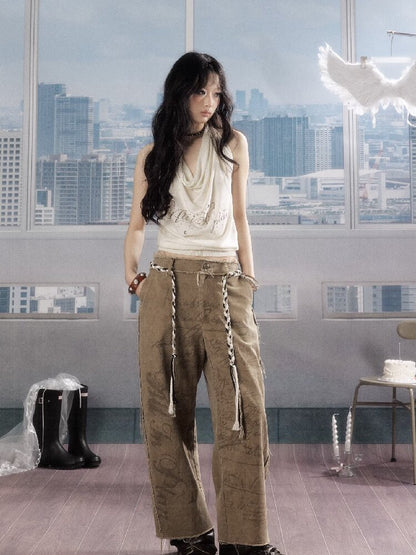 Retro Light Asian Letter Print Slacks【s0000016523】