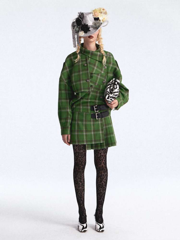 Asymmetrical Pleated Check Coat【s0000015390】