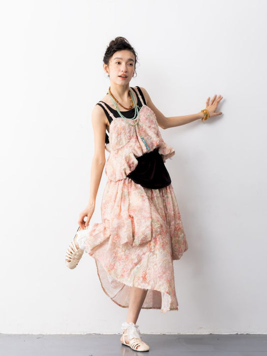 Printing pearl halter top long skirt【s0000013304】