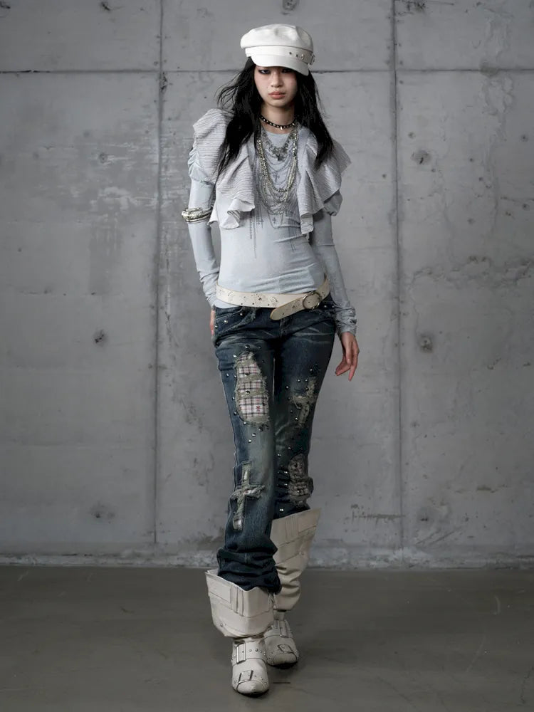 Distressed Straight-Leg Slim-Fit Jeans【s0000013946】