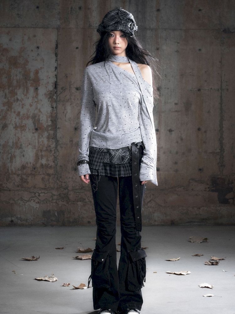 Cross Print Long Sleeve Knit Slouchy T-Shirt【s0000013892】