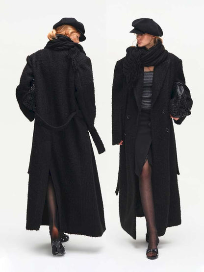Black Woolen Loose Double-Breasted Coat【s0000014875】
