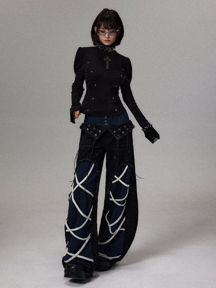 Street Punk Strap Faux Denim Pants【s0000018495】
