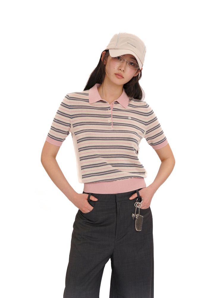 Stripes polo collar short sleeve knit tops【s0000013436】