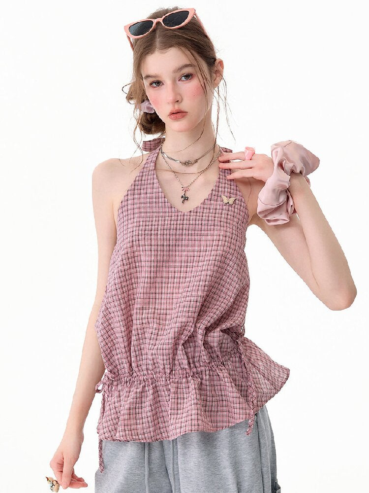 American Vintage Plaid Halter Top【s0000017749】