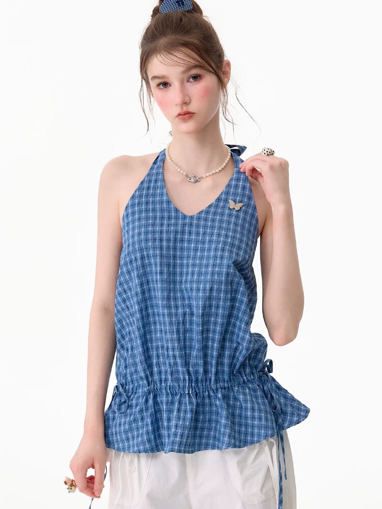 American Vintage Plaid Halter Top【s0000017751】