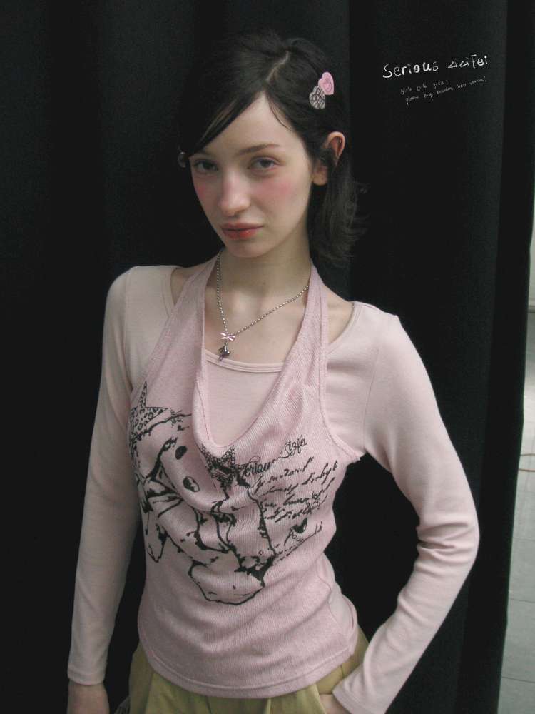 Rabbit Print Slim Halterneck Top【s0000015436】