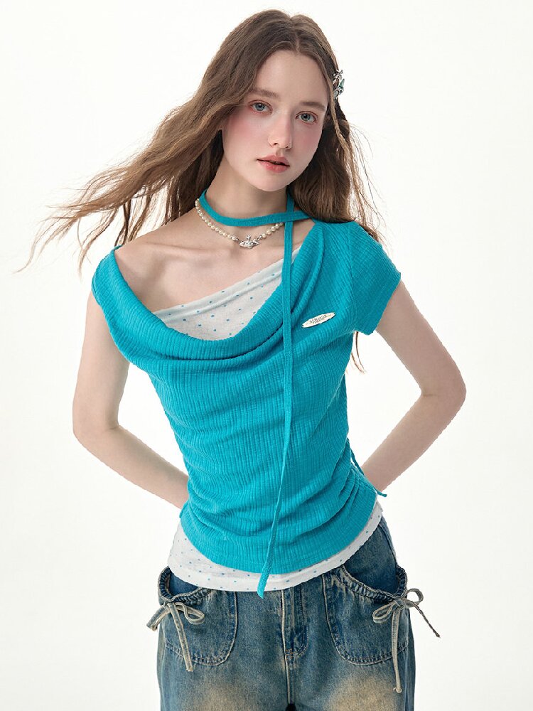 Blue Ripples Patchwork Short T Shirt【s0000017268】