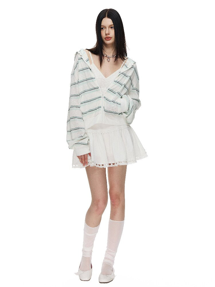 Striped Love Lace Hooded Cardigan【s0000015867】