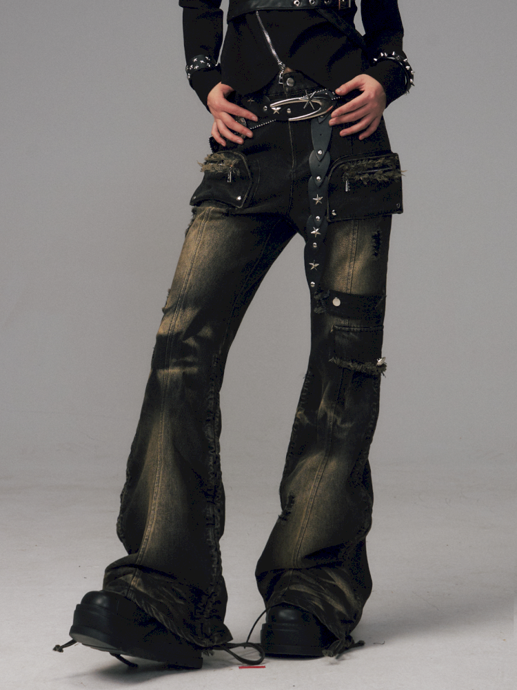 Punk Vintage Washed Drawstring Flared Pants【s0000014706】