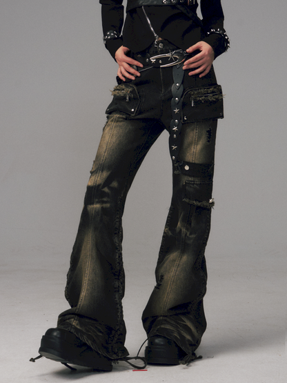 Punk Vintage Washed Drawstring Flared Pants【s0000014706】