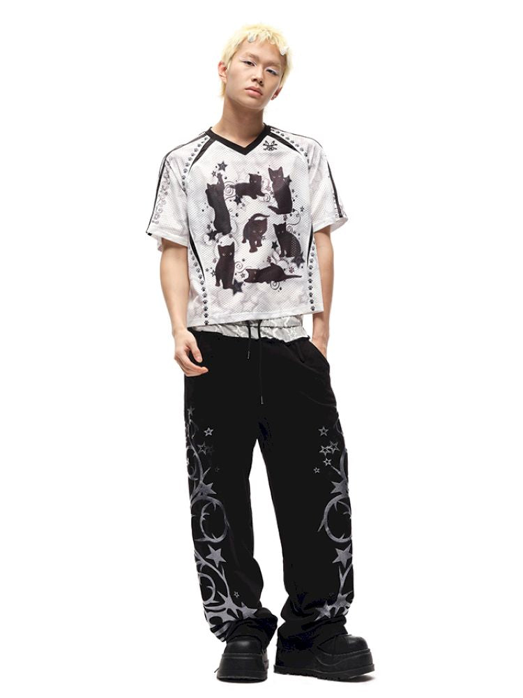 Black cat print shoulder sleeve t-shirt【s0000012586】