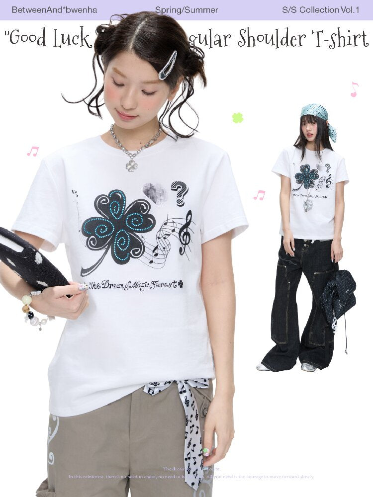 White Melody Shoulder Sleeve T-Shirt【s0000016381】