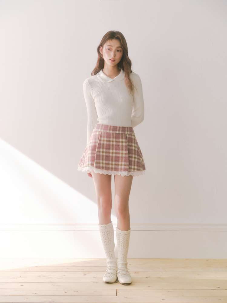 Berry Cocoa Pink Brown Check Pleated Skirt【s0000014866】
