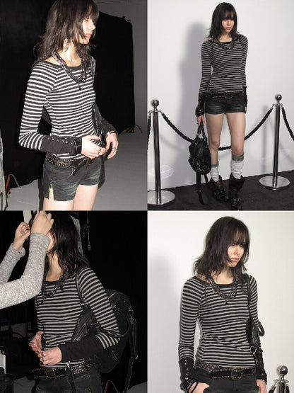 Striped Slim Punk Raglan T-Shirt【s0000016234】