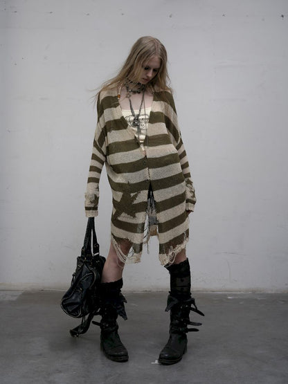 Striped knit loose bat-sleeve sunscreen hoodie【s0000012319】