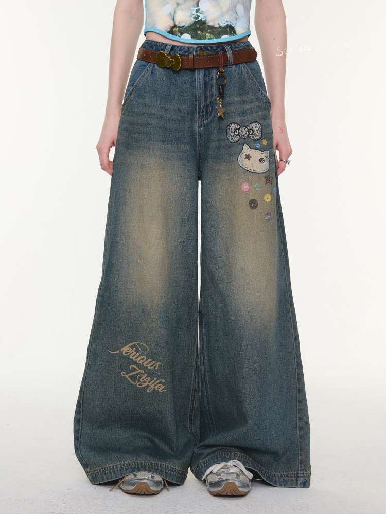 Cat Printed Straight Wide Jeans【s0000015431】