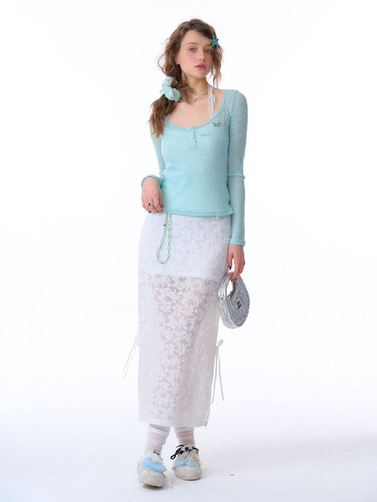 Trim jersey semi-sheer long-sleeved T-shirt 【s0000011676】