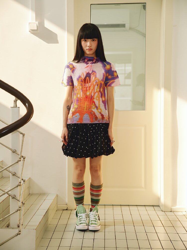 Star Volcano Pleated Stretch Top T-Shirt【s0000018696】