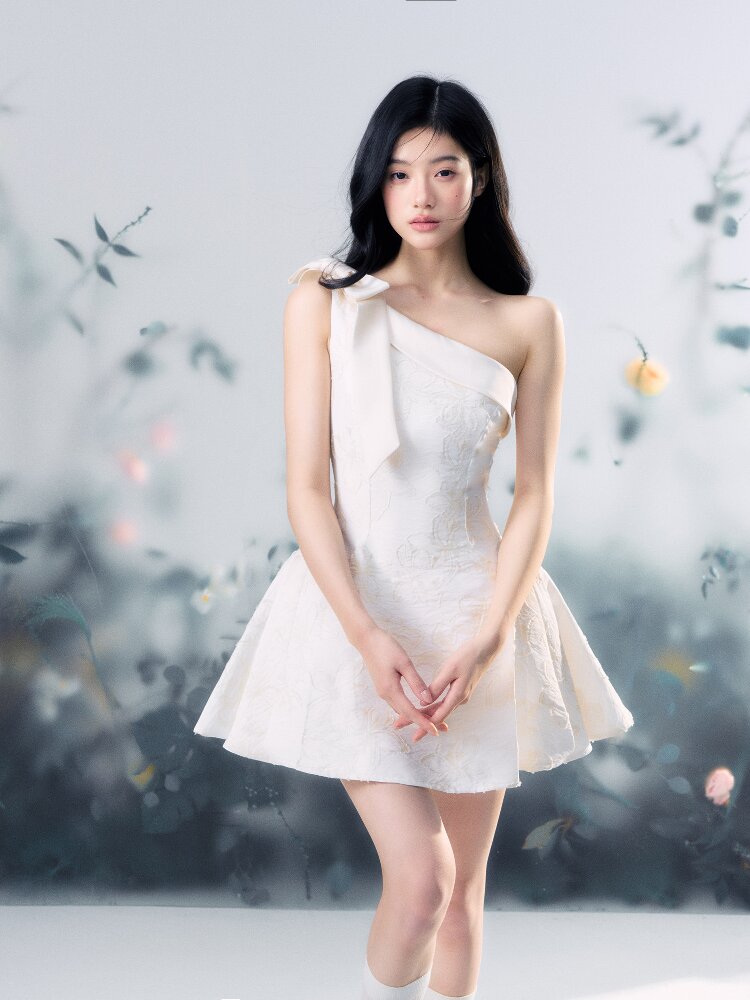 Flower Texture Bow Mini Dress【s0000015916】