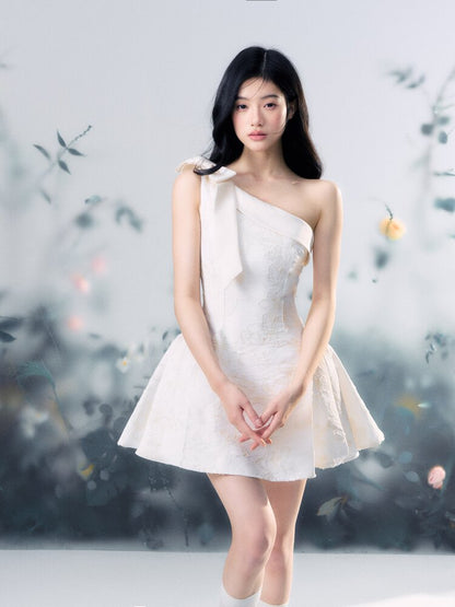 Flower Texture Bow Mini Dress【s0000015916】