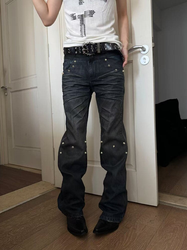 Pleated Patchwork Suede Flared Jeans【s0000019275】