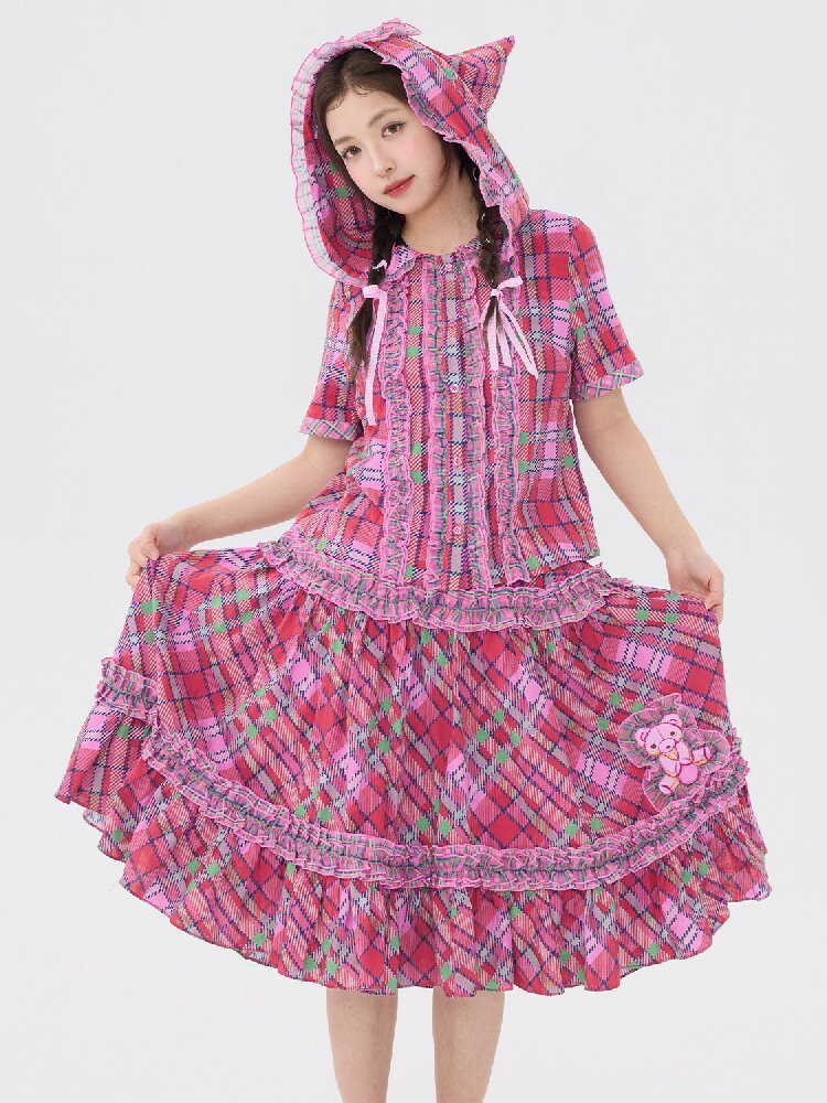 Plaid Bear Lace Shirt Skirt Set【s0000016702】
