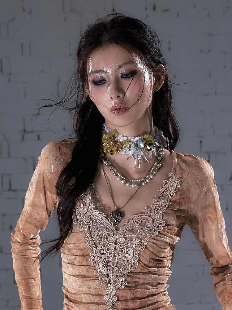 Vintage Court Pleated Flower Necklace【s0000017245】