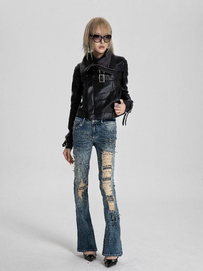 Spiked Snake Print Ripped Jeans【s0000018560】