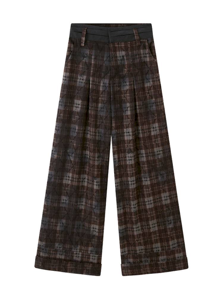 Textured straight leg loose plaid trousers【s0000014384】