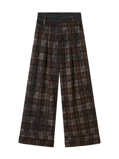 Textured straight leg loose plaid trousers【s0000014384】