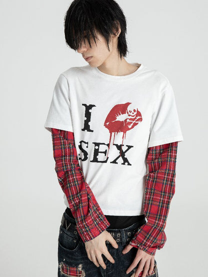 Red Plaid Patchwork Long T-Shirt【s0000018566】