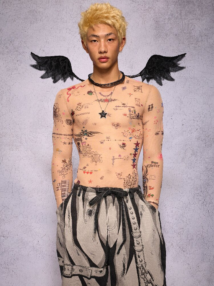 Manuscript Tattoo Print Long Sleeve Top【s0000018741】