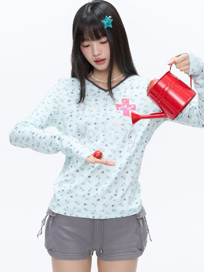 Full Print V Neck Long Sleeve Top【s0000016406】