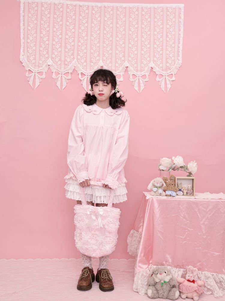Doll Collar Zipper Neck Pink Lace Blouse【s0000013492】